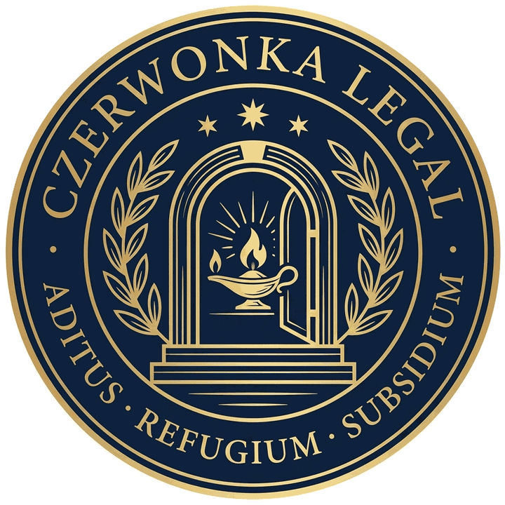 Seal of Czerwonka Legal — a lit oil lamp within an arched doorway atop a short flight of steps, flanked by laurel branches and crowned by three stars, encircled by the motto Aditus · Refugium · Subsidium
