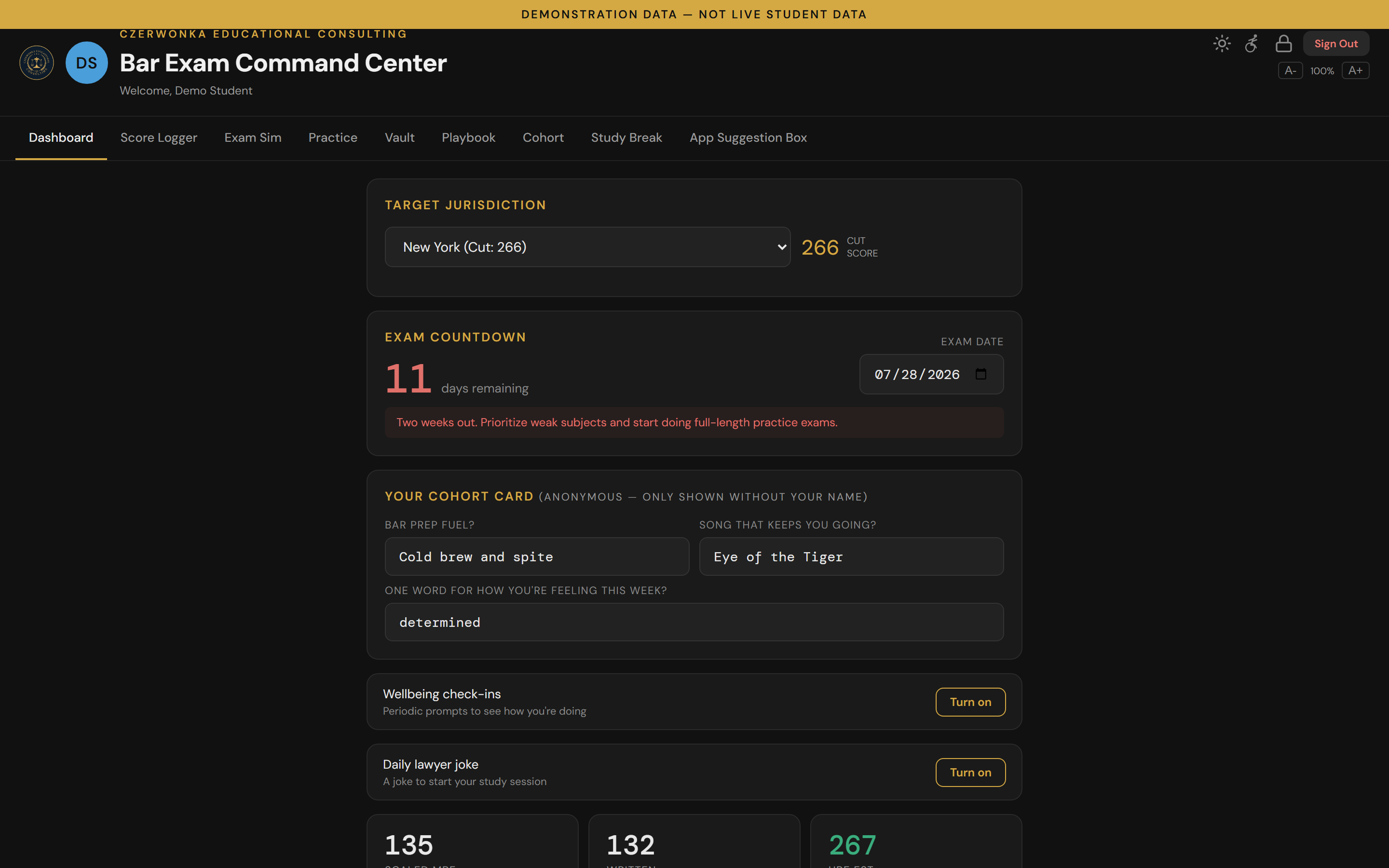 The Command Center dashboard showing a target jurisdiction of New York with a 266 cut score, a countdown reading 11 days remaining to the July 28, 2026 exam, and a cohort card. Demonstration data.