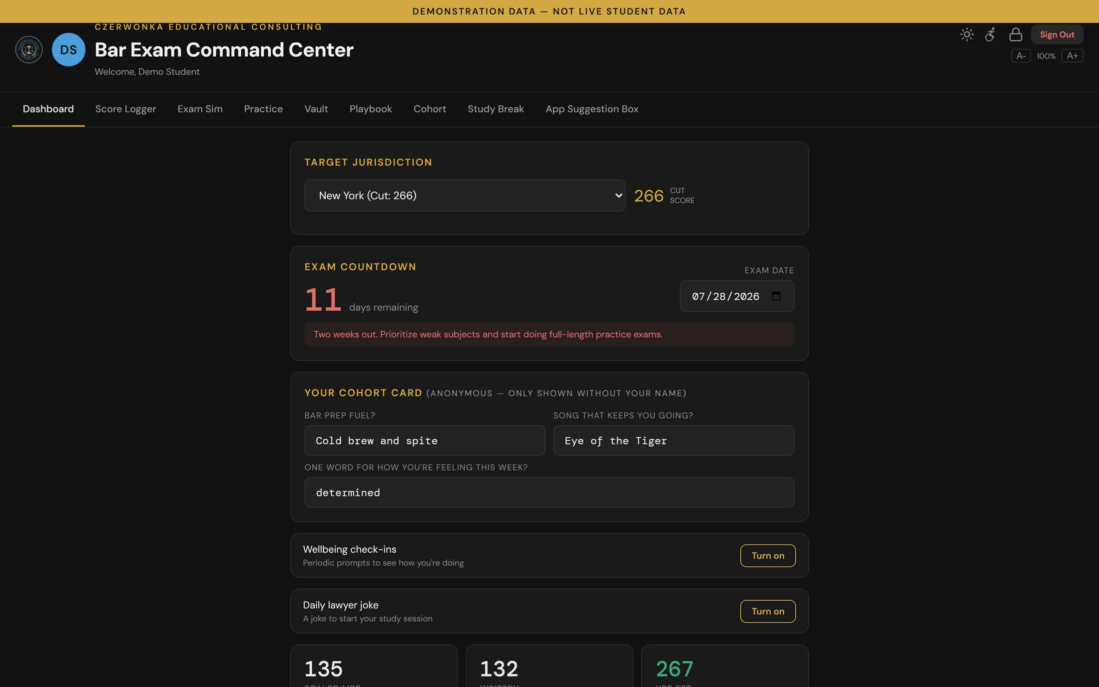 The Command Center dashboard showing a target jurisdiction of New York with a 266 cut score, a countdown reading 11 days remaining to the July 28, 2026 exam, and a cohort card. Demonstration data.